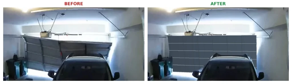 Side-by-side before and after photo of a garage door repair