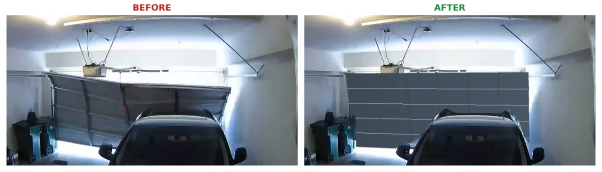 Garage door repair Blaine MN: side-by-side before and after photo of a garage door repair